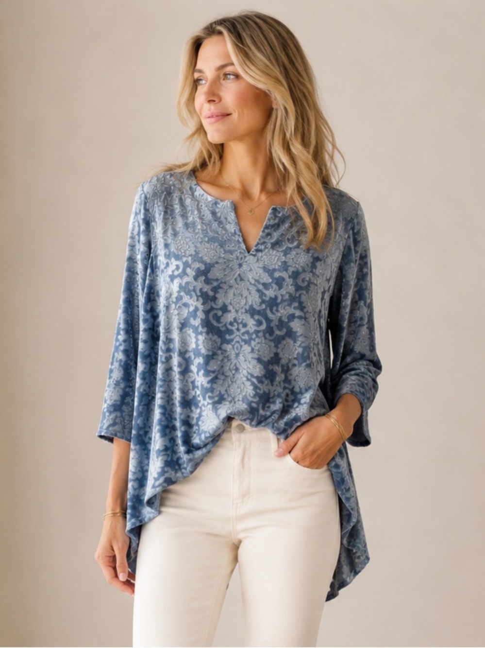 Sundance Blue Burnout Velvet Silk Blend Shark Bite Hem Tunic Top Medium